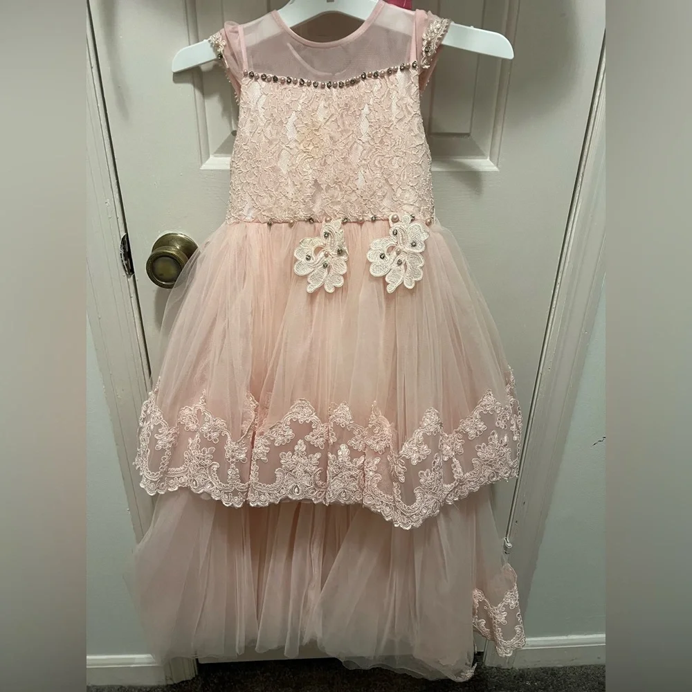 Elegant Pink Lace Flower Girl Dress - Picture 2 of 8